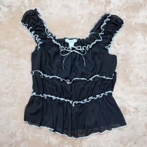 Full Tilt Black Ruffled Blouse with White Trim
